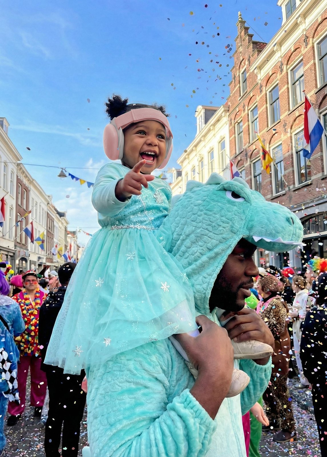 Girl in a dragon costume on her father's shoulders in a Carnaval street parade