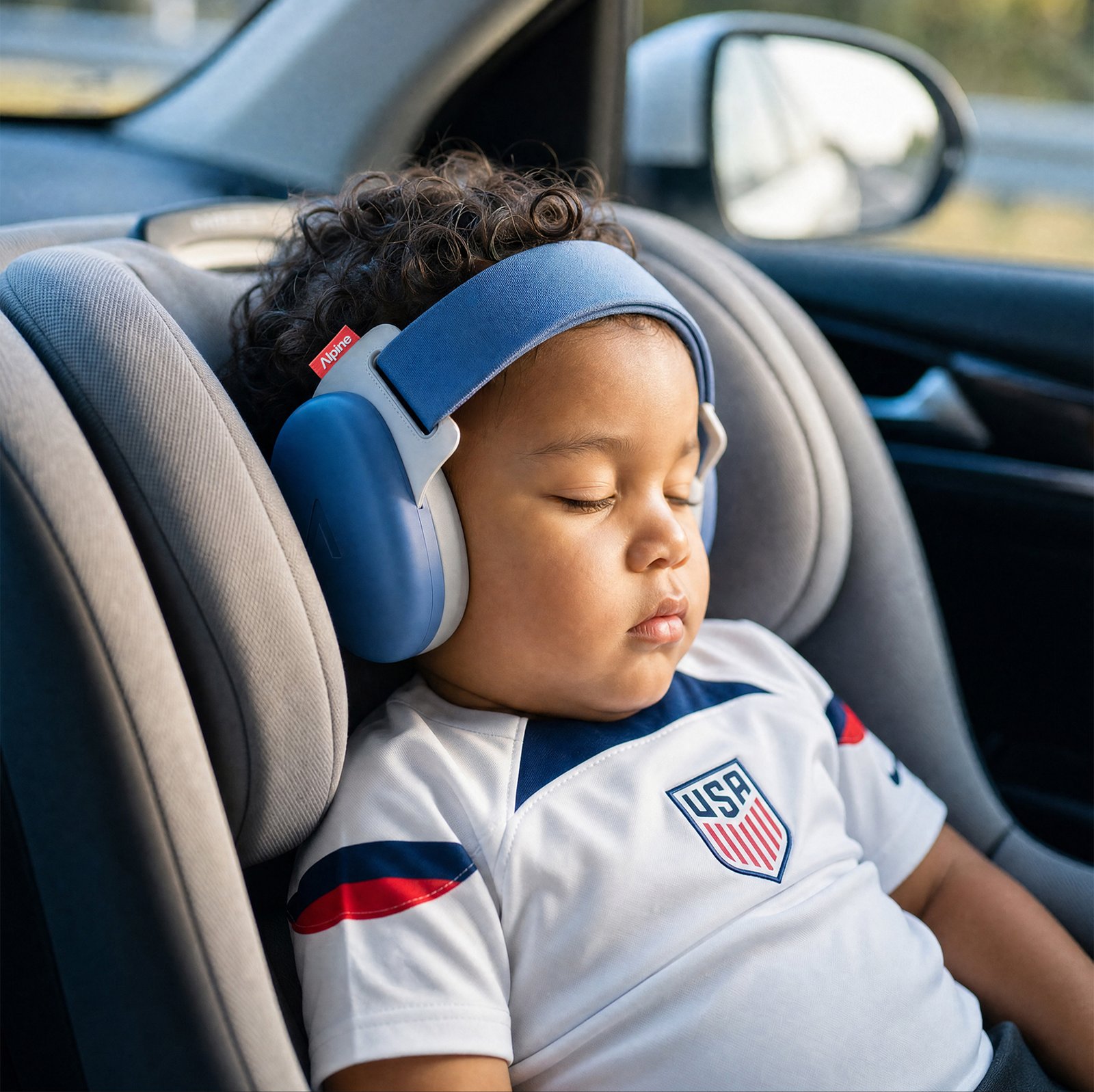 Baby asleep in a car seat wearing blue Muffy Baby earmuffs and a USA jersey