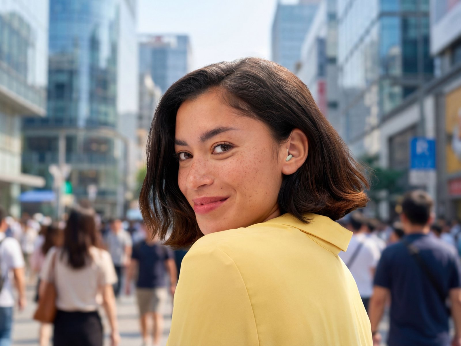 Woman wearing Alpine earplugs turning around on a busy city street
