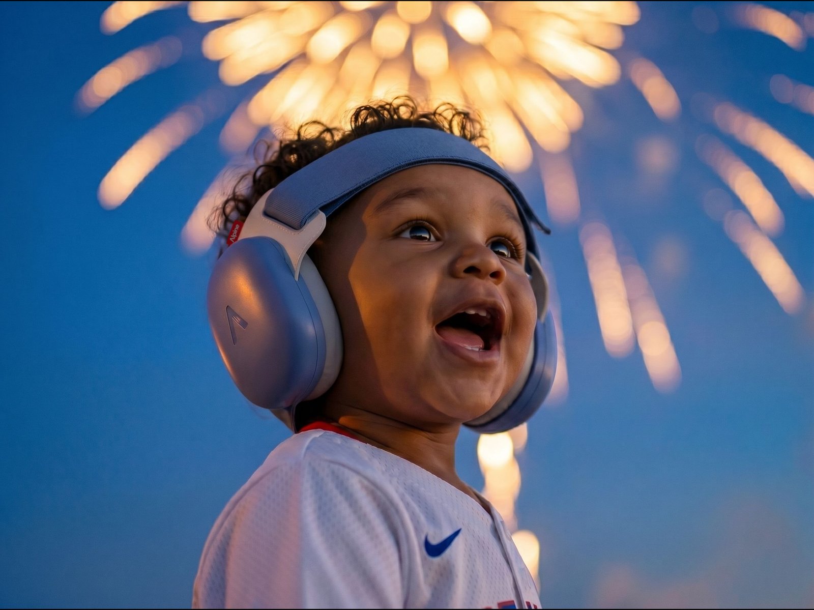 Baby in Alpine earmuffs watching fireworks at night