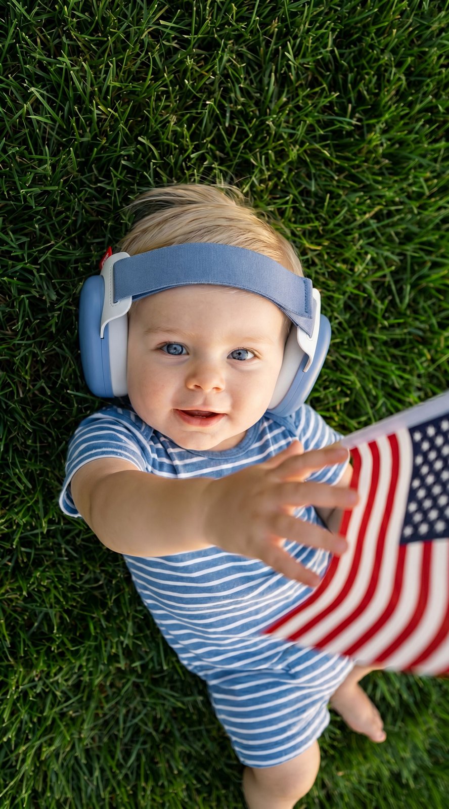 Baby lying on the grass holding an American flag while wearing Alpine earmuffs