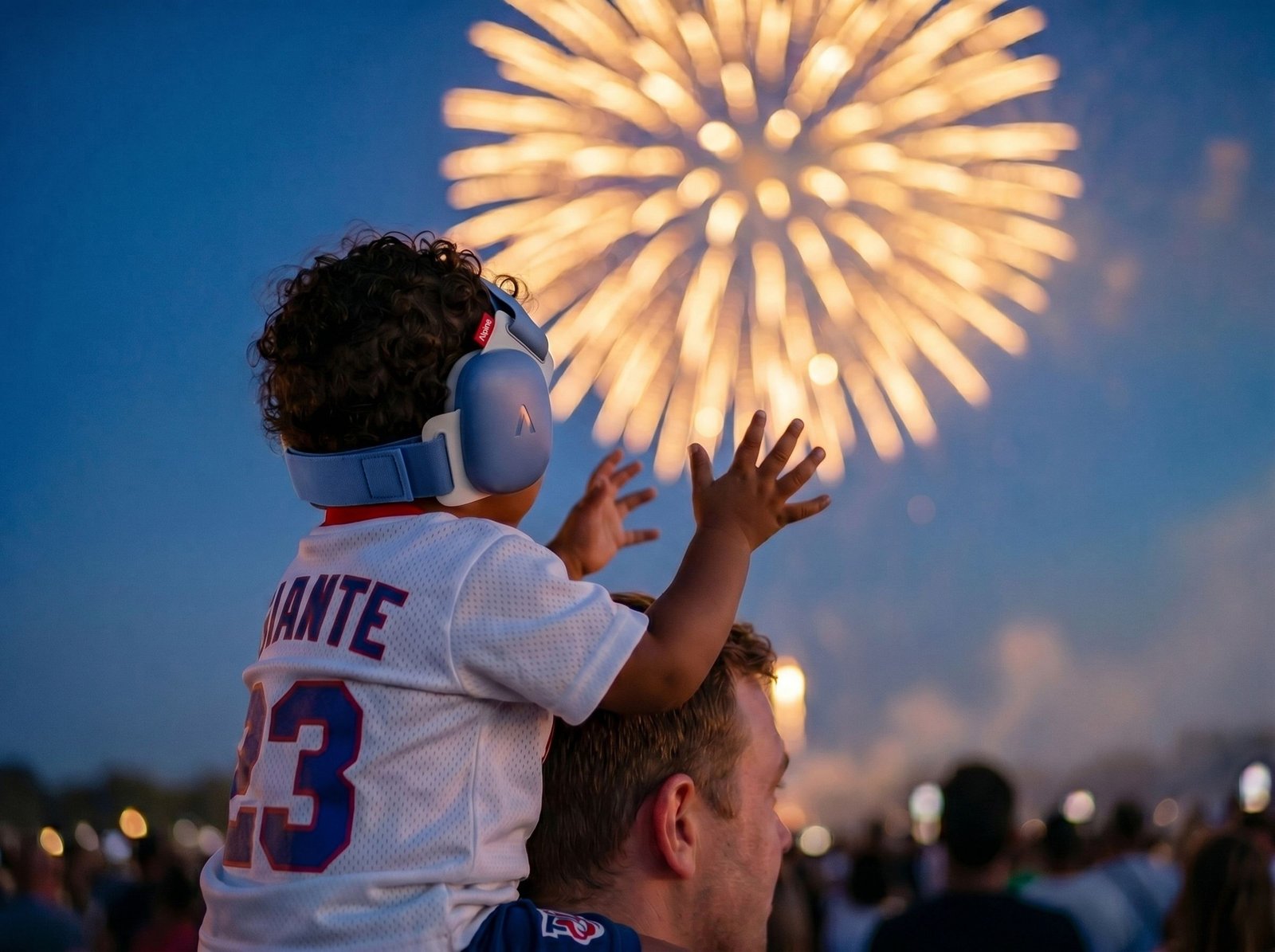 Toddler on their father's shoulders watching 4th of July fireworks