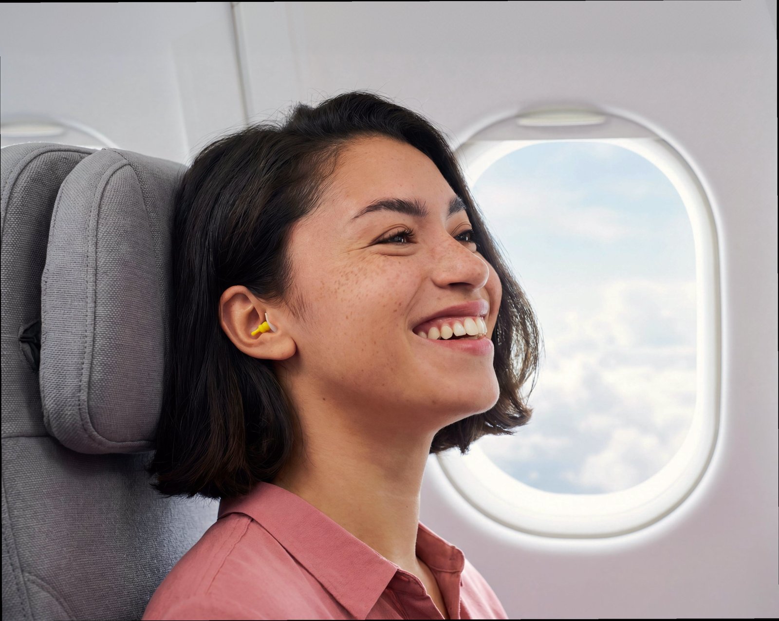 Mother wearing Alpine earplugs smiling in an airplane seat