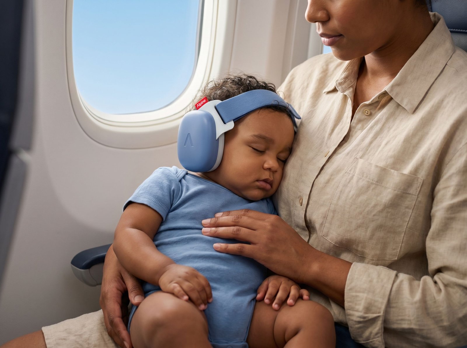 Baby wearing Muffy Baby earmuffs asleep against their mother on a plane